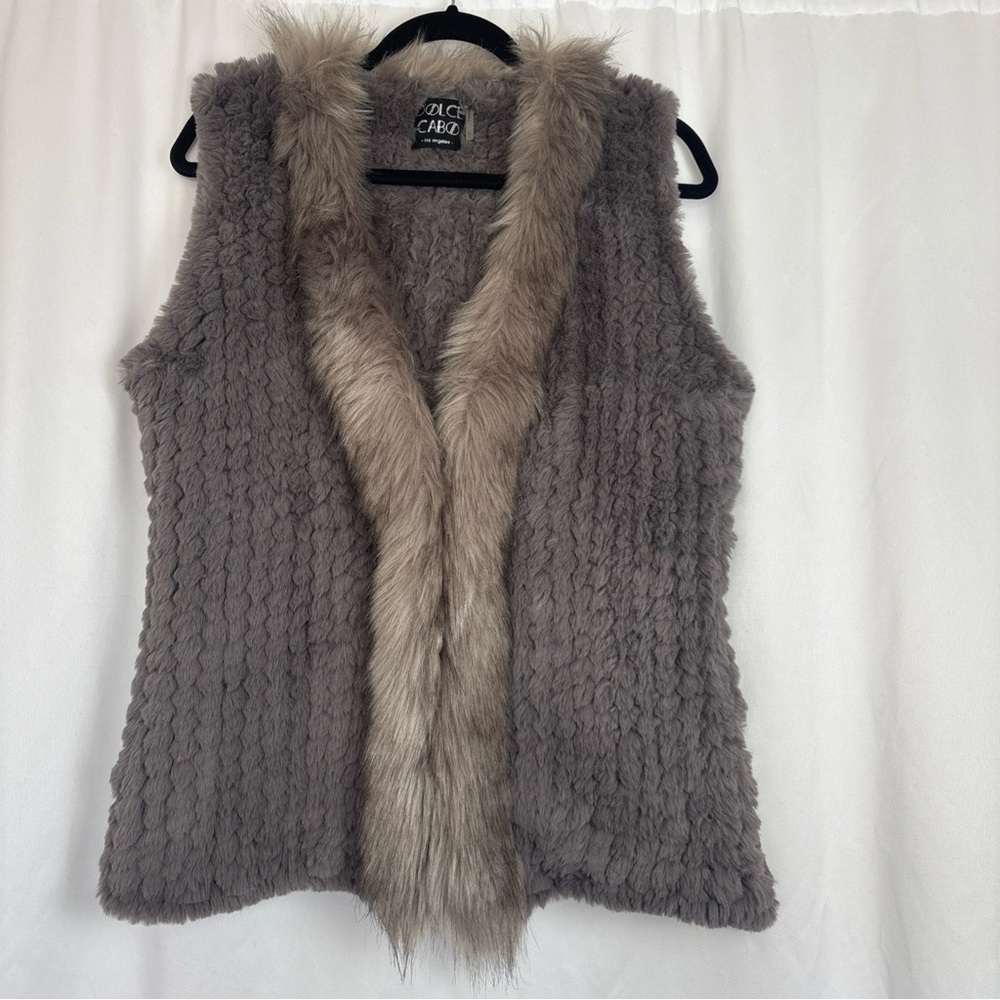 Dolce Cabo Grey Rex Rabbit and Faux Fur Open Front‎ Vest Womens Large 71071